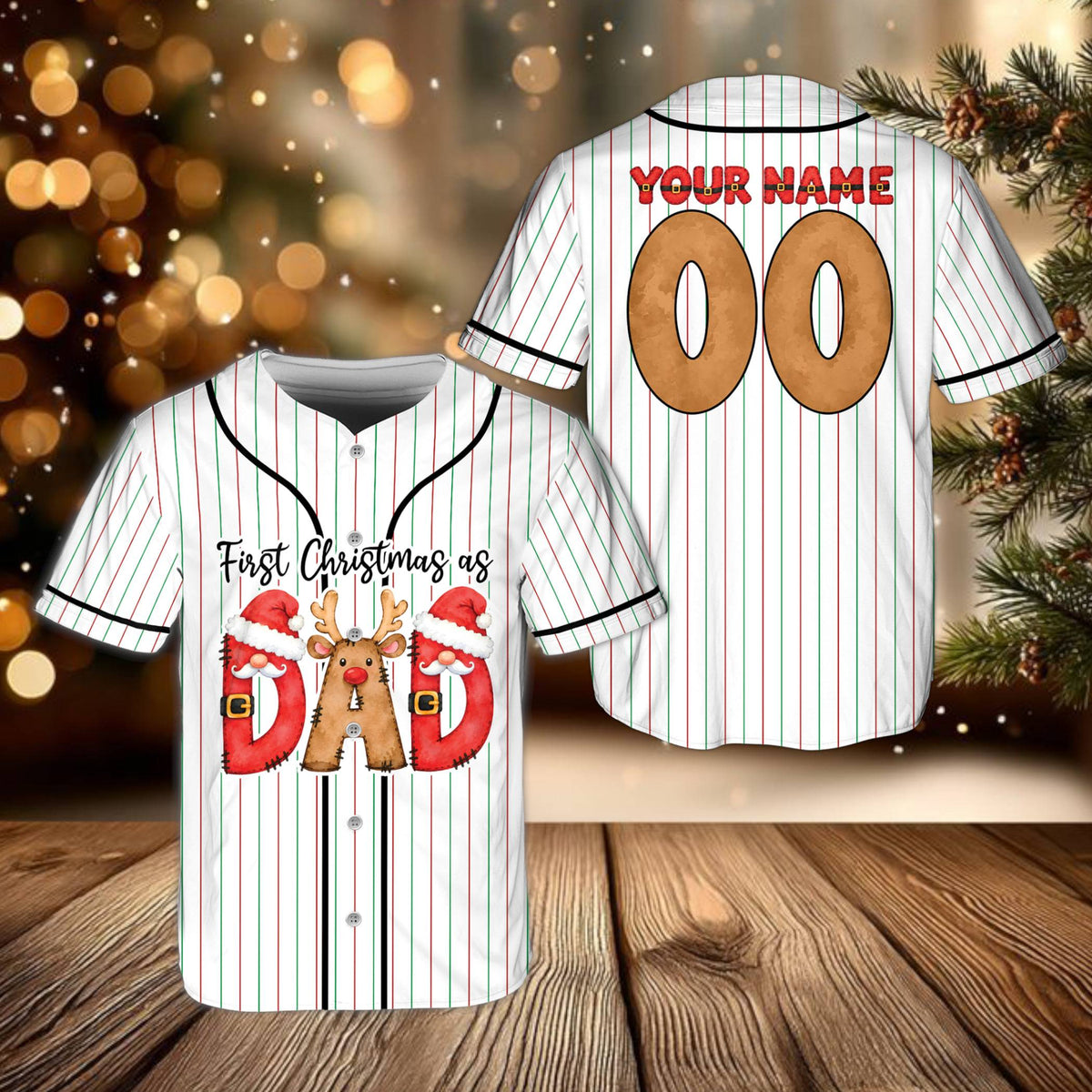 Personalized christmas baseball jersey in white featuring First Christmas design, front view