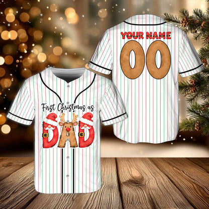 Personalized christmas baseball jersey in white featuring First Christmas design, front view