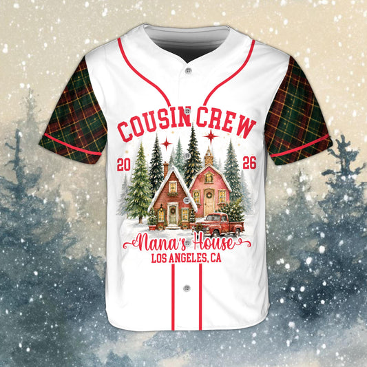 Front view of a personalized white and red christmas baseball jersey featuring a vintage truck.