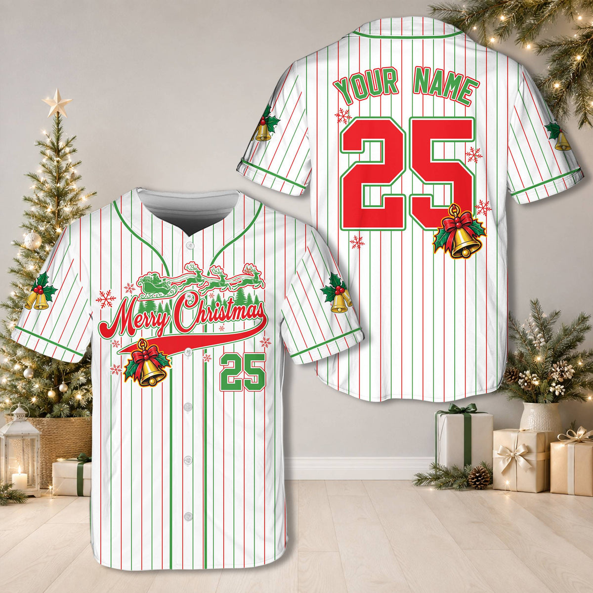 White personalized christmas baseball jersey showing the front Merry Christmas design