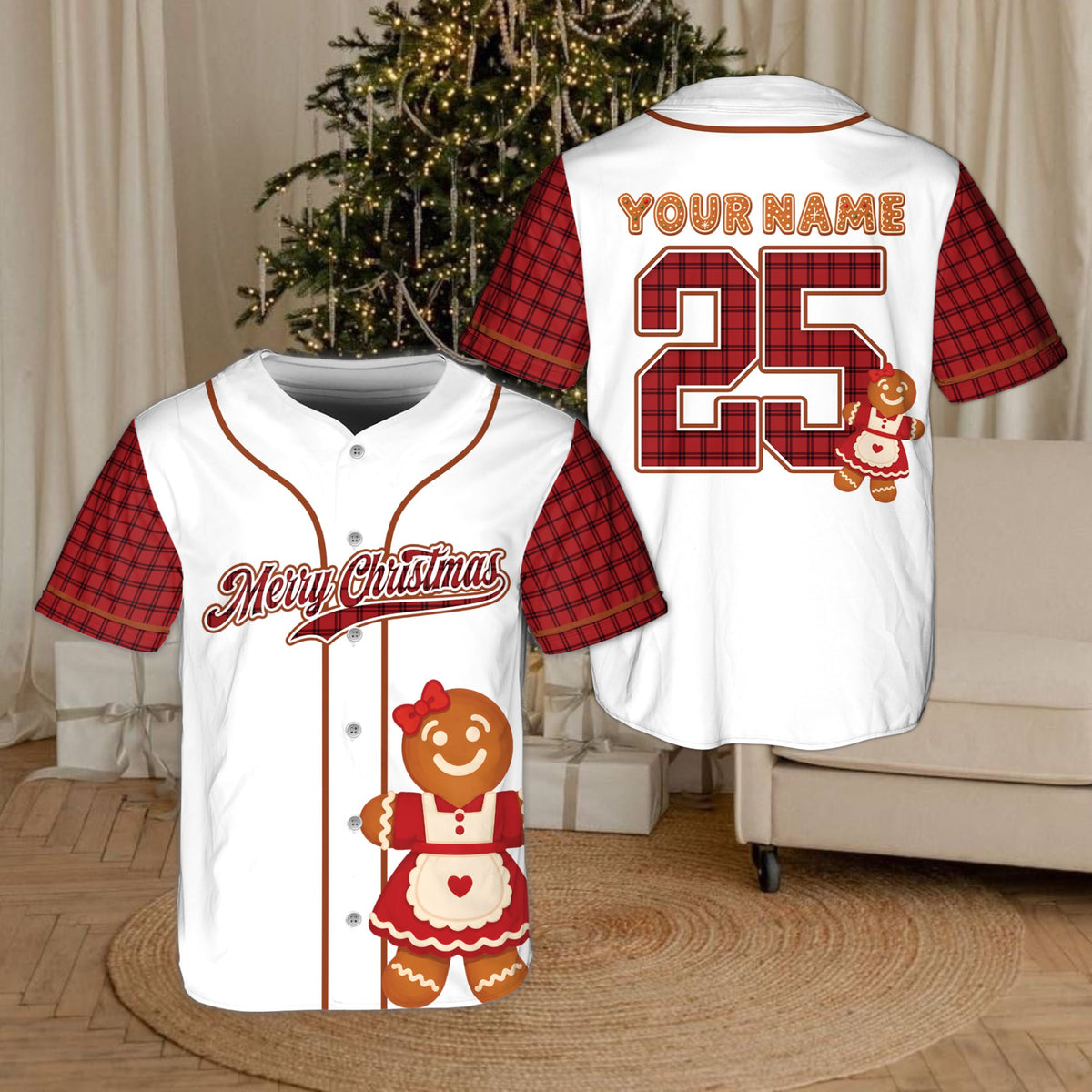 Detailed front view of the festive custom baseball jersey