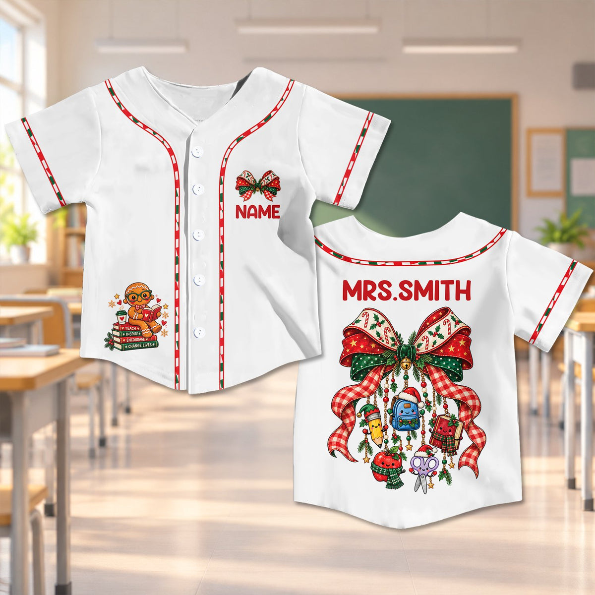 Detail view of the red and green plaid bow on the white holiday jersey