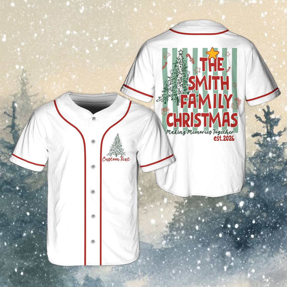 Front view of white personalized christmas baseball jersey featuring a small tree design on the chest