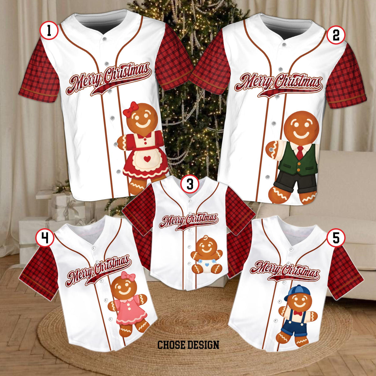 Main view of the personalized white christmas baseball jersey with red plaid sleeves and custom name and number