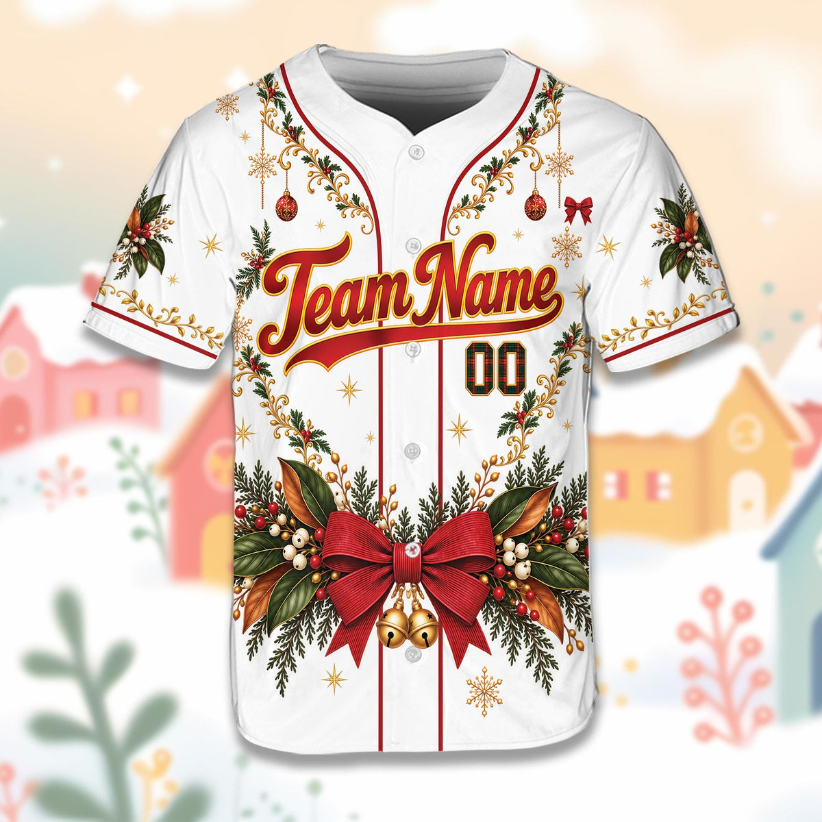 Front view of a white christmas baseball jersey featuring a red bow and snowflake design