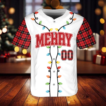 Front view of a white christmas baseball jersey with Merry text and plaid sleeves.