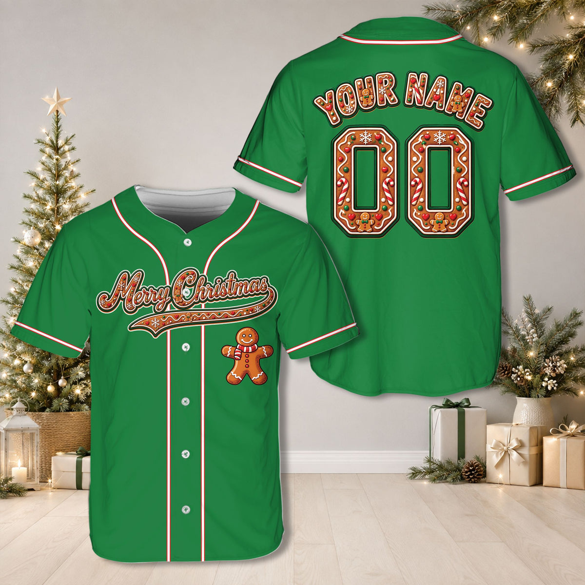Front view of a white personalized christmas baseball jersey