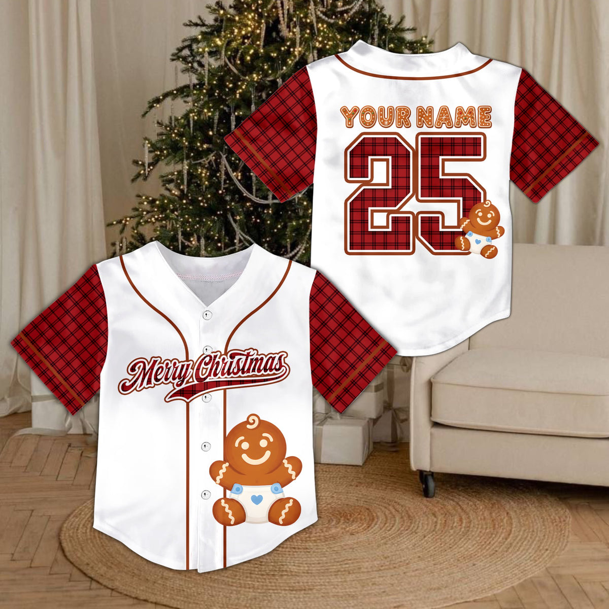Alternative front view of the personalized gingerbread baseball jersey