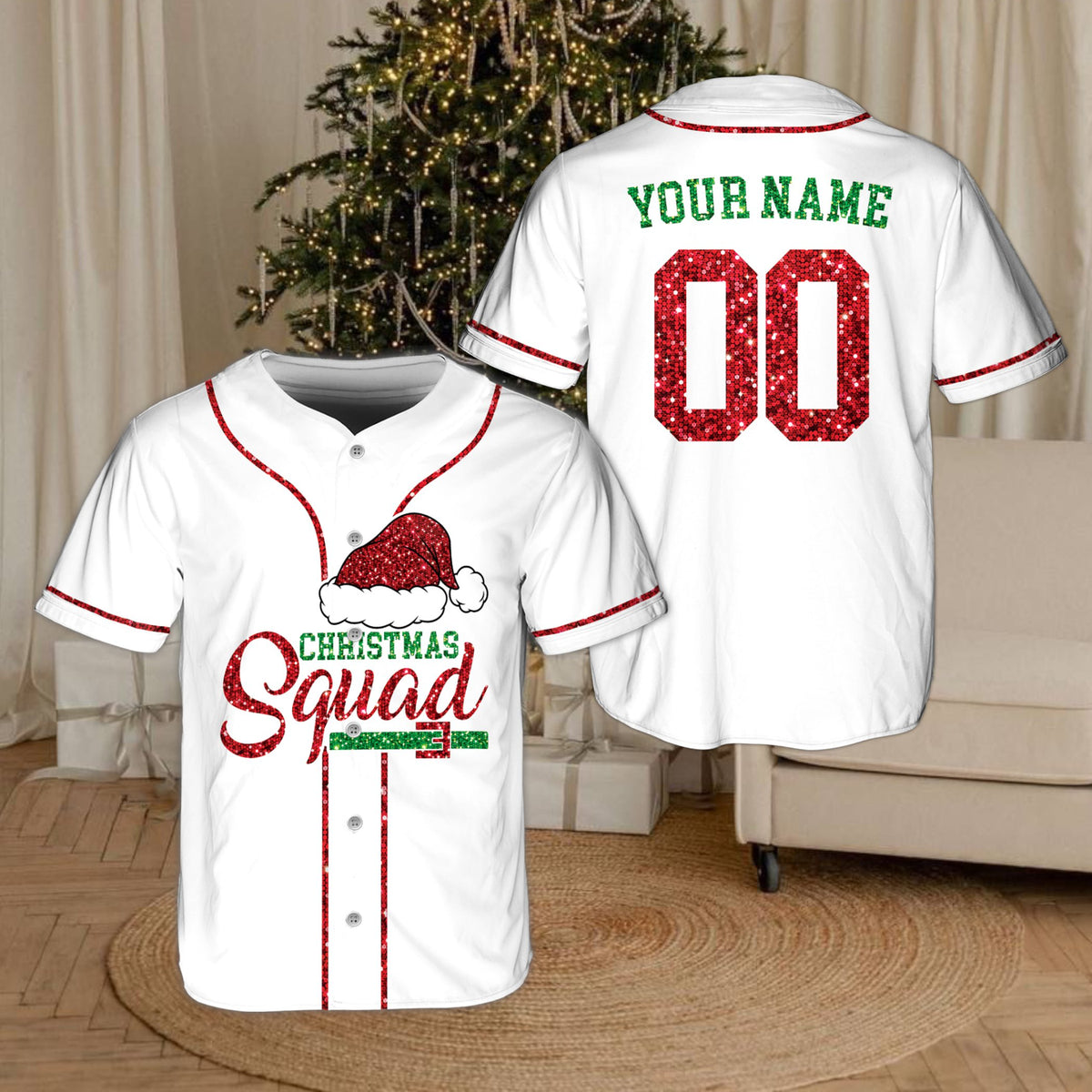 Front view of the white personalized baseball jersey with Christmas squad graphic