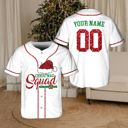 Front view of the white personalized baseball jersey with Christmas squad graphic
