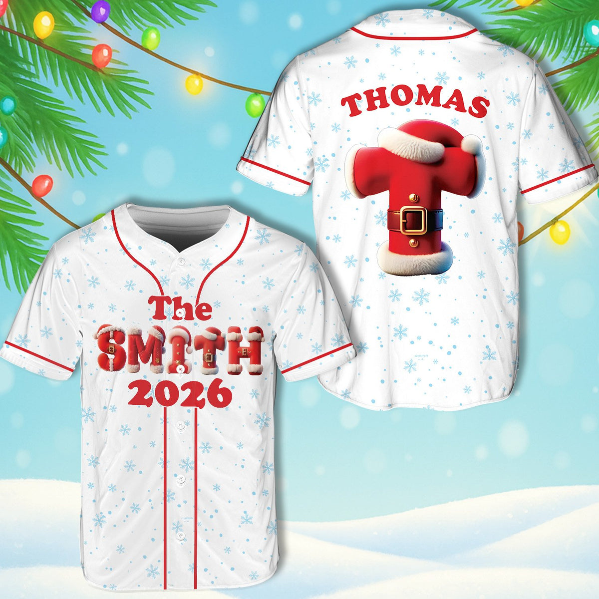 White custom christmas baseball jersey, flat front view