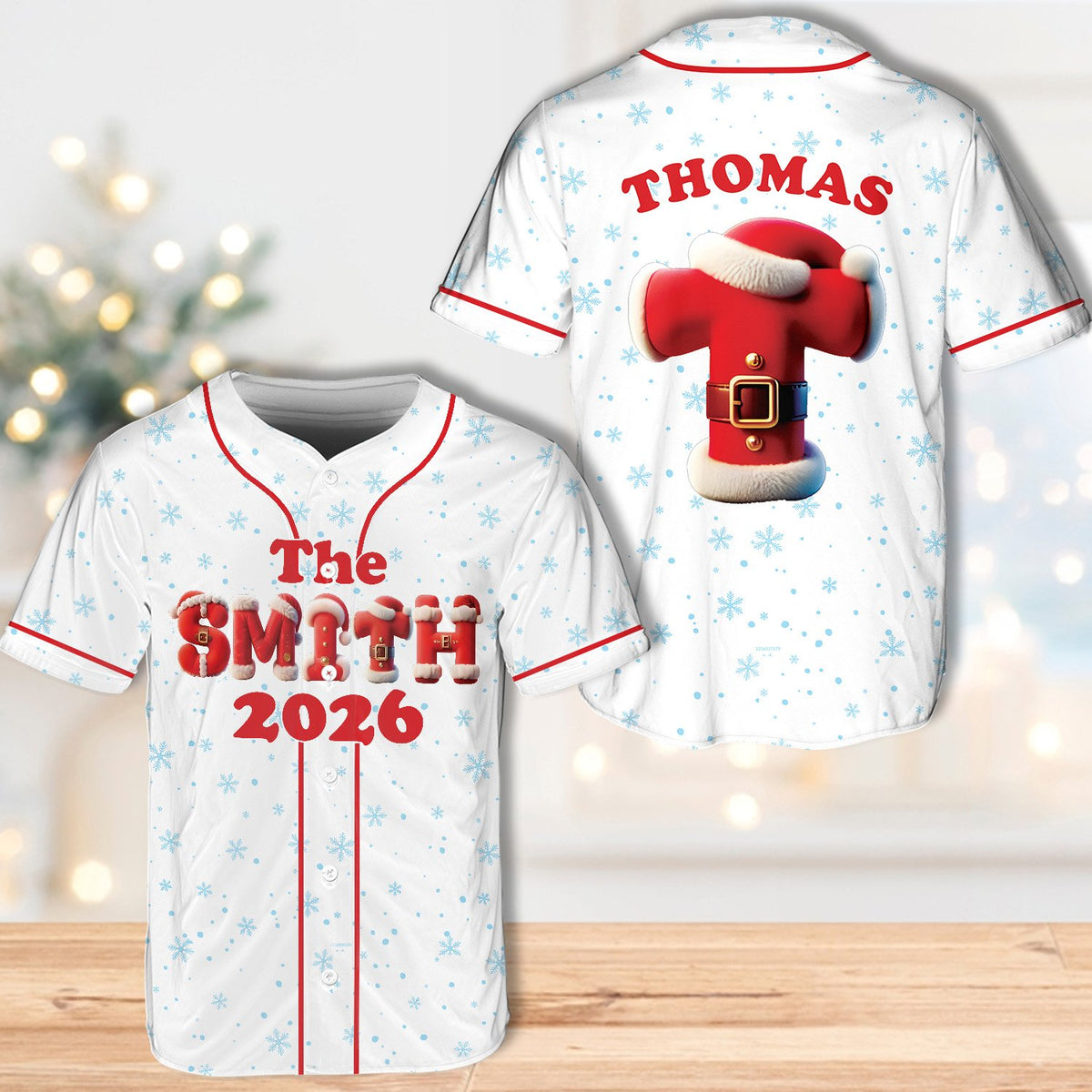 Personalized christmas baseball jersey with Santa letter design, white front view