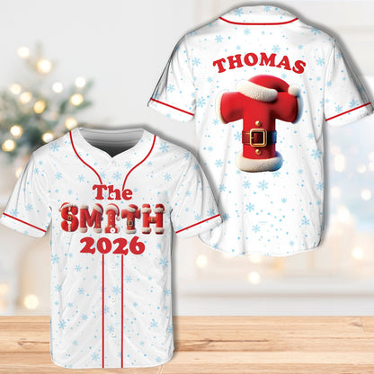 Personalized christmas baseball jersey with Santa letter design, white front view