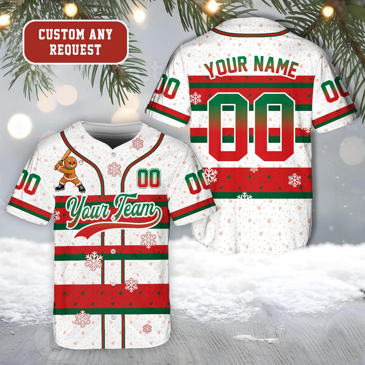 Personalized white christmas baseball jersey with custom name and number, front view