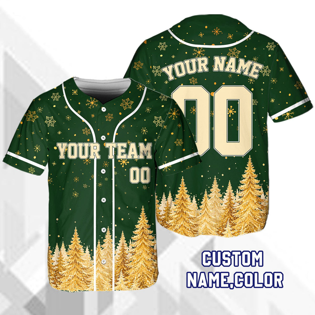 Stylized front view of the custom name and number holiday baseball jersey