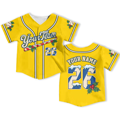 Yellow christmas baseball jersey front view