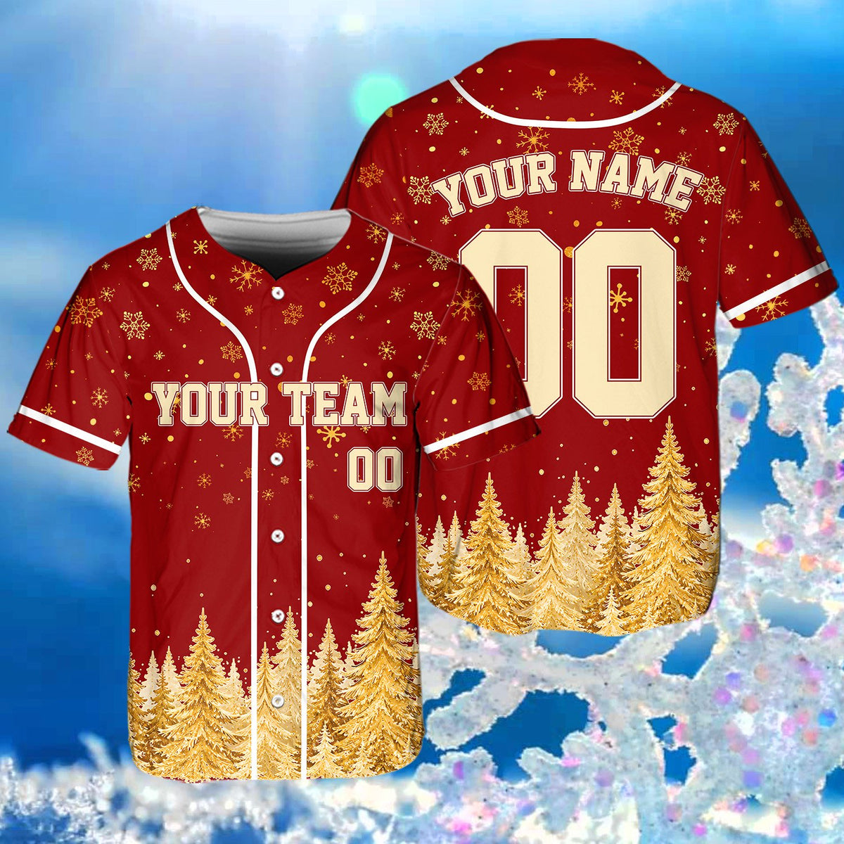 Full front view of the personalized christmas baseball jersey in adult sizing