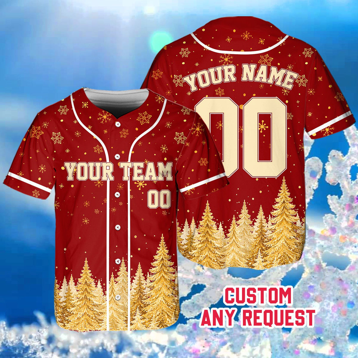 Close-up of the personalized christmas baseball jersey with custom name and number, front view
