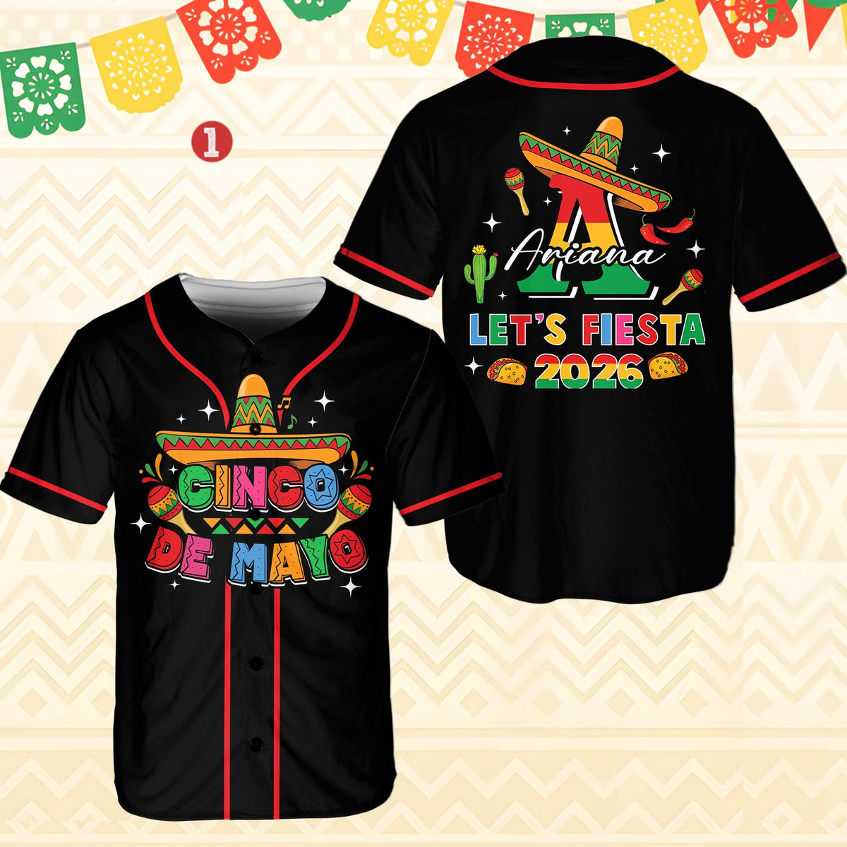 Front view of the black personalized Cinco de Mayo baseball jersey