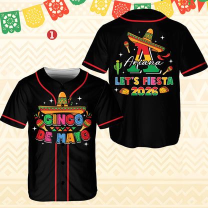 Front view of the black personalized Cinco de Mayo baseball jersey