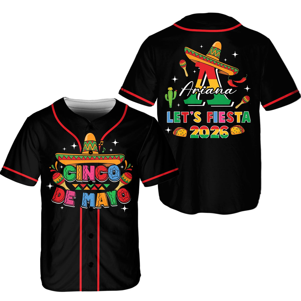 Personalized black cinco baseball jersey featuring a custom name and Cinco de Mayo fiesta design, main view