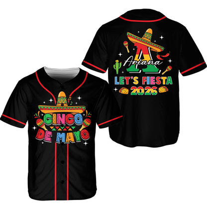 Personalized black cinco baseball jersey featuring a custom name and Cinco de Mayo fiesta design, main view