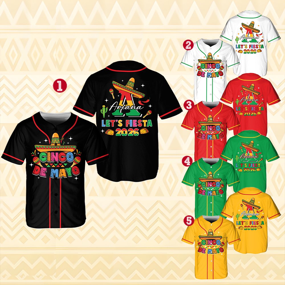 Detailed front view of the personalized Cinco de Mayo baseball jersey