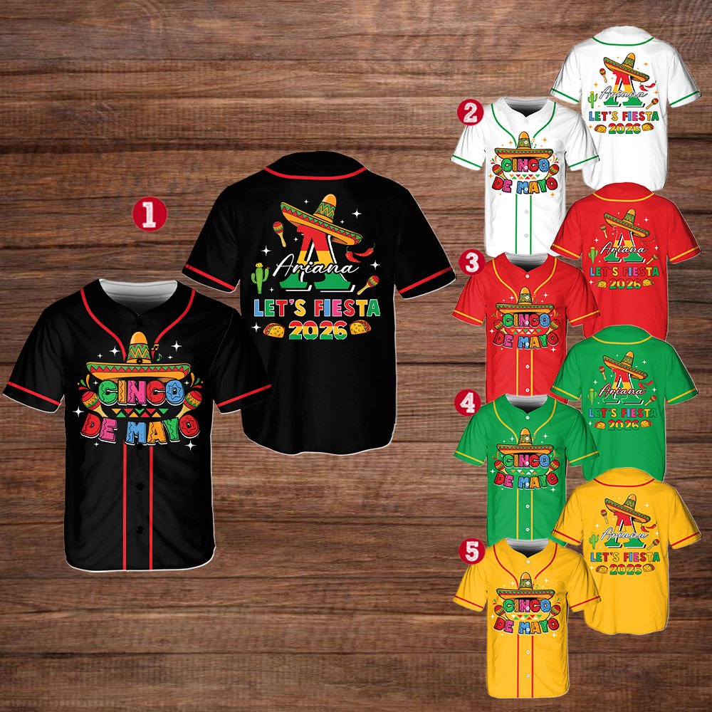 Close-up front view of the custom Cinco de Mayo baseball jersey