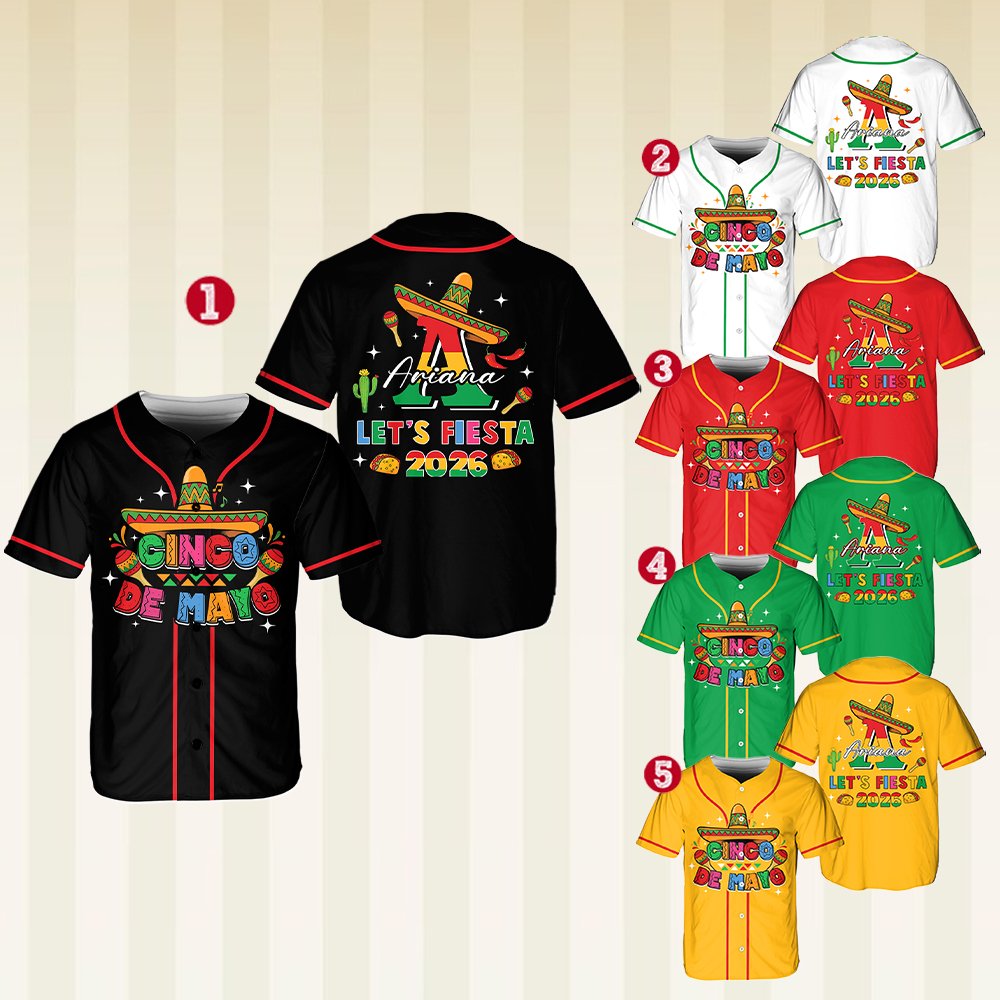 Front view of the personalized Cinco de Mayo baseball jersey