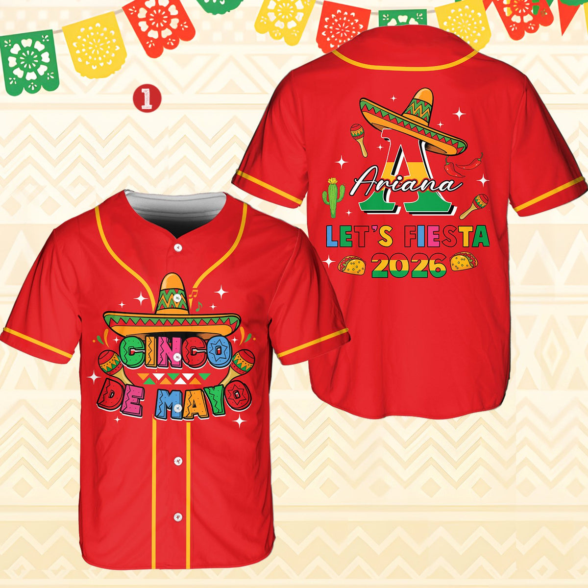 Front view of the red personalized Cinco de Mayo baseball jersey