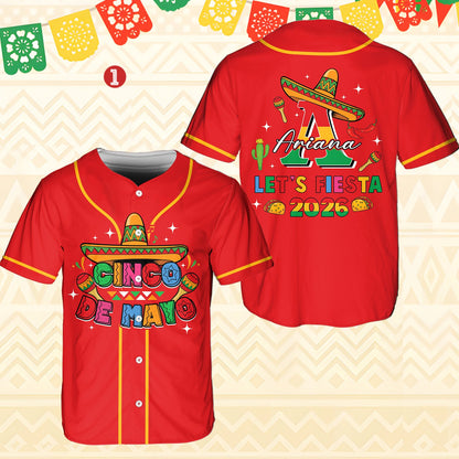 Front view of the red personalized Cinco de Mayo baseball jersey