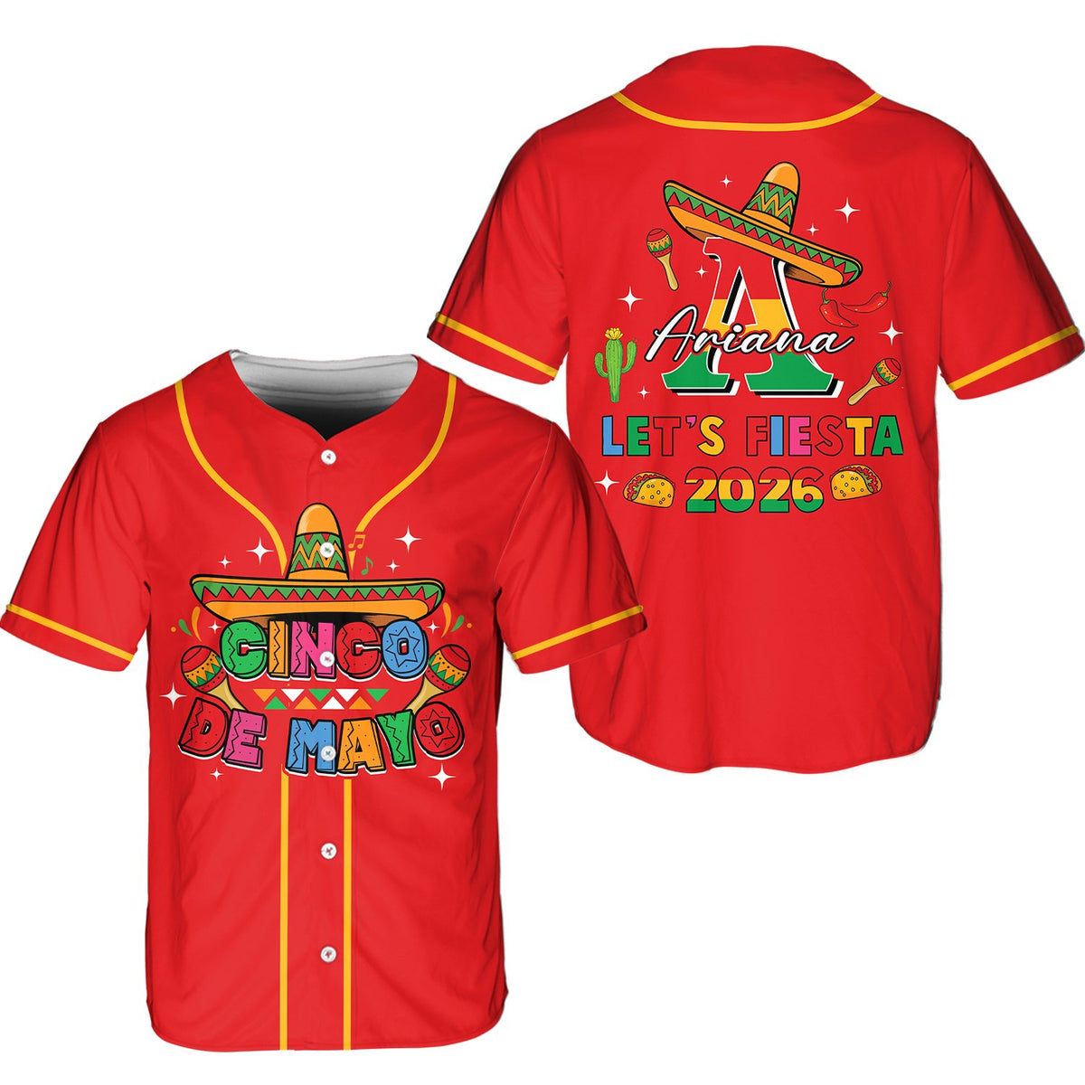 Alternative front view of the red custom Cinco de Mayo baseball jersey