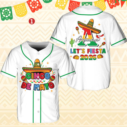 Front view of the white personalized Cinco de Mayo baseball jersey