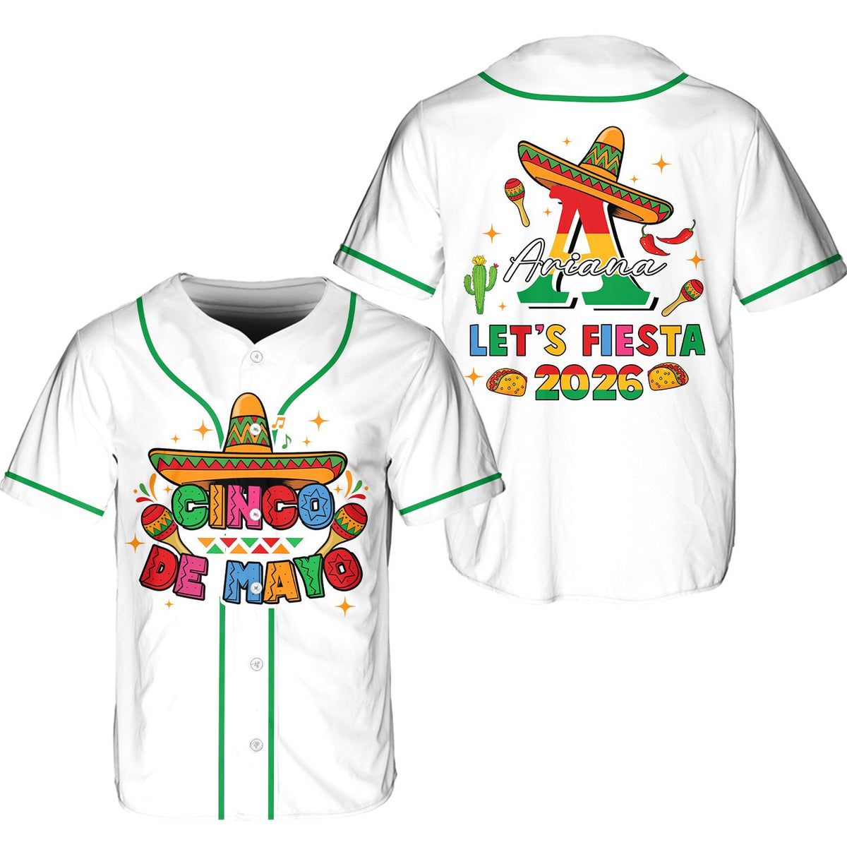 Alternative front view of the white custom Cinco de Mayo baseball jersey