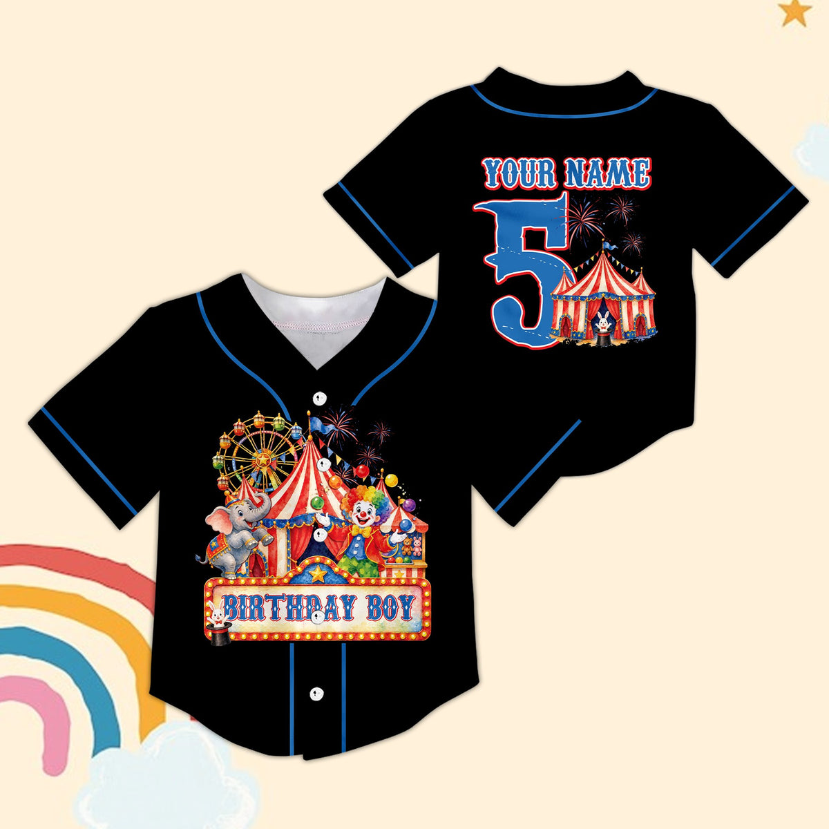 Black circus baseball jersey with birthday boy design, front view