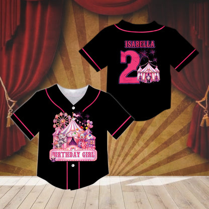 Black circus birthday baseball jersey with carnival graphics, front view