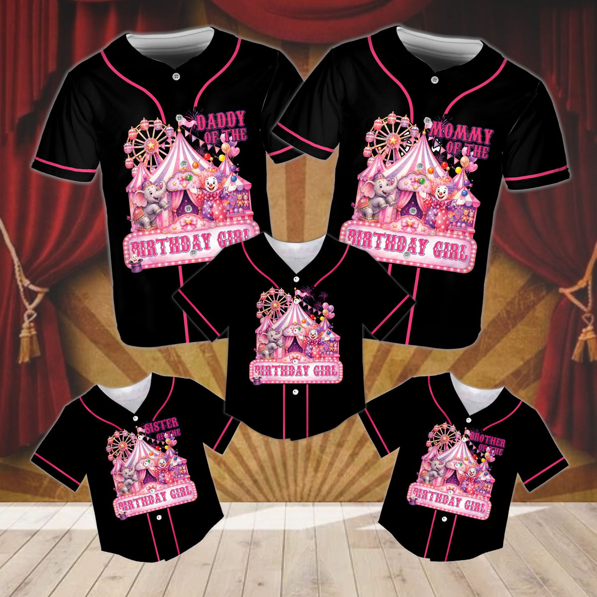 Black custom baseball jersey for circus birthday party, front view