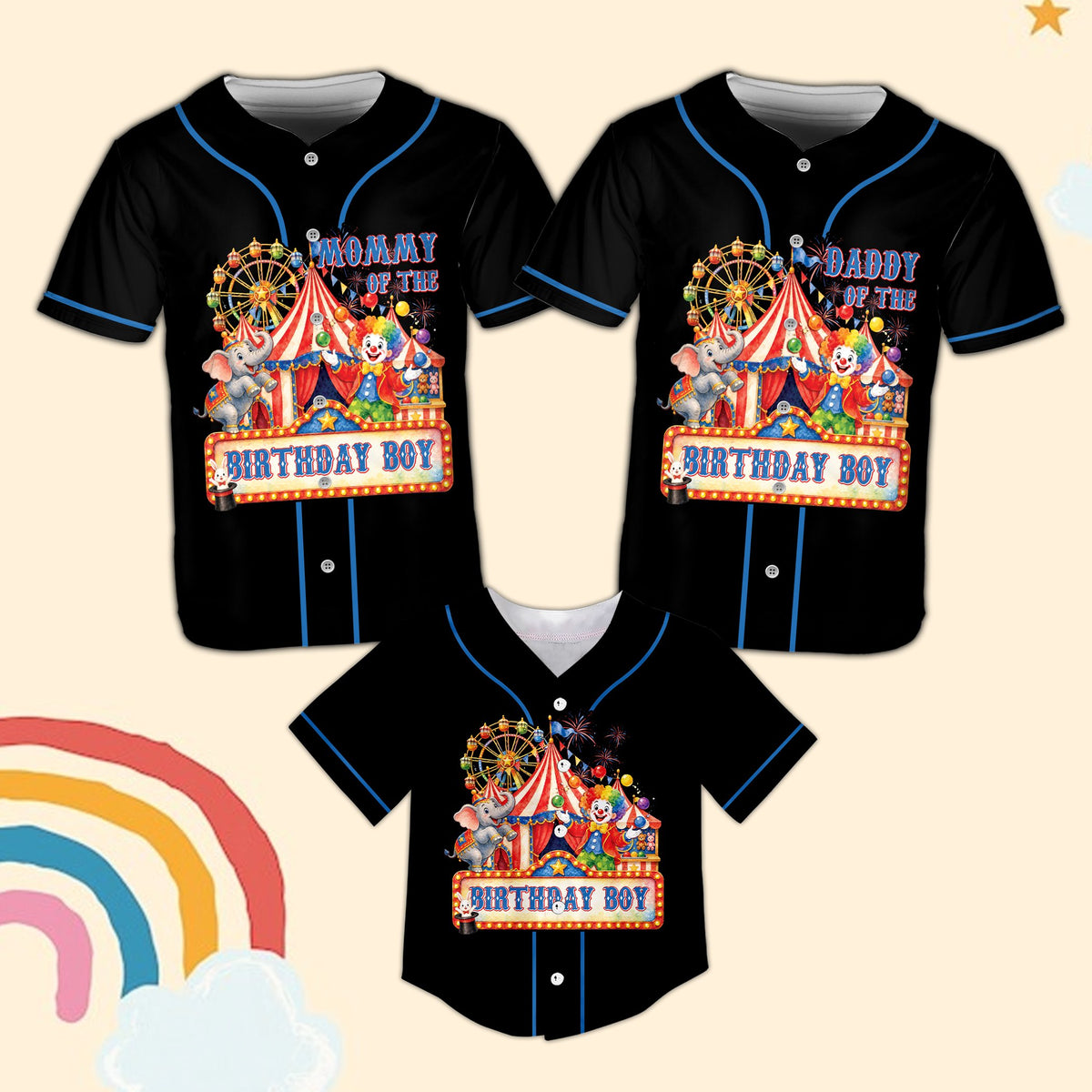 Back view of black circus baseball jersey custom name and number