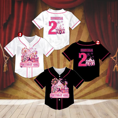 Collection of personalized baseball jerseys with circus birthday theme in multiple colors