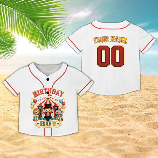 Personalized white circus baseball jersey featuring custom name and number and birthday boy design, main view