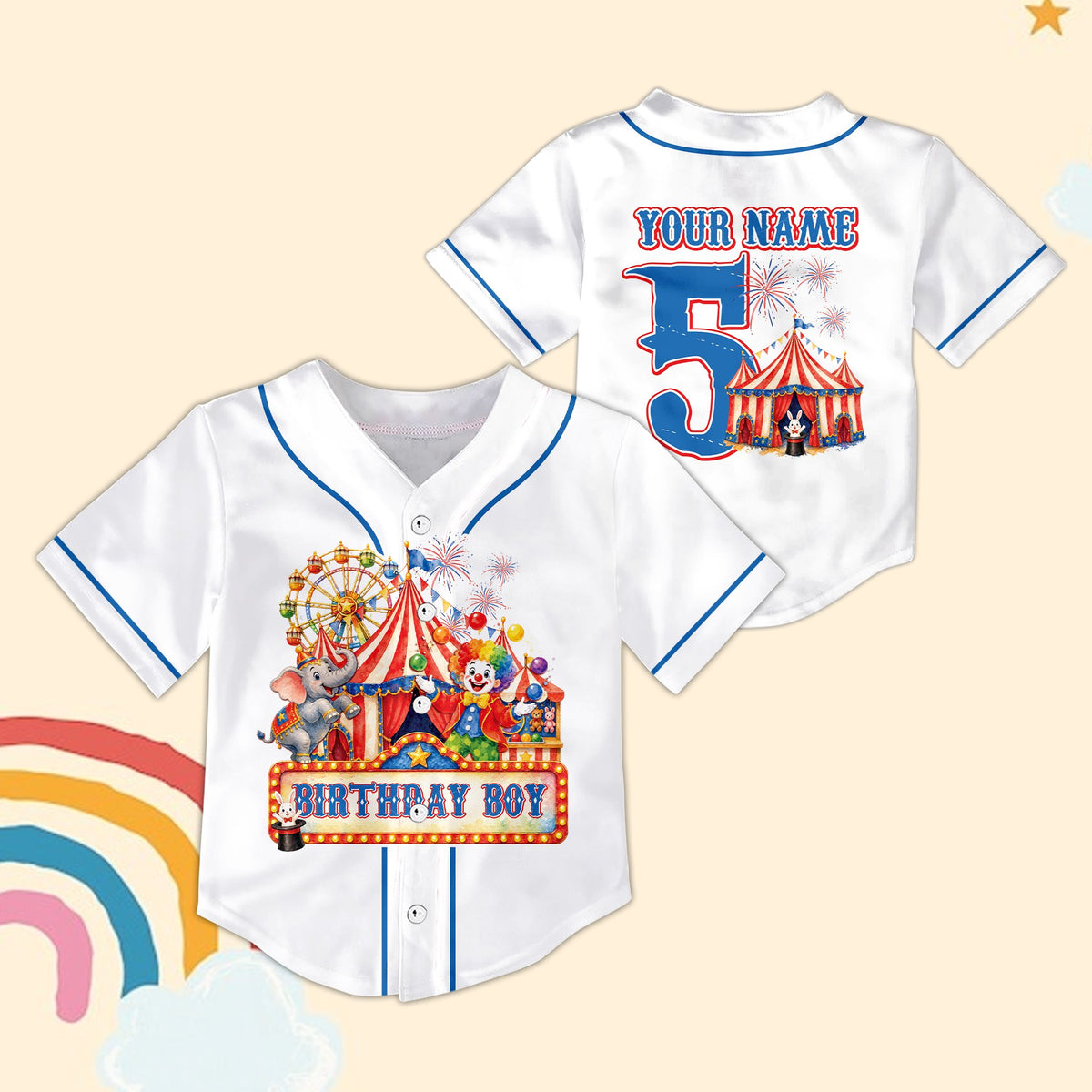 White personalized baseball jersey with circus theme, front view
