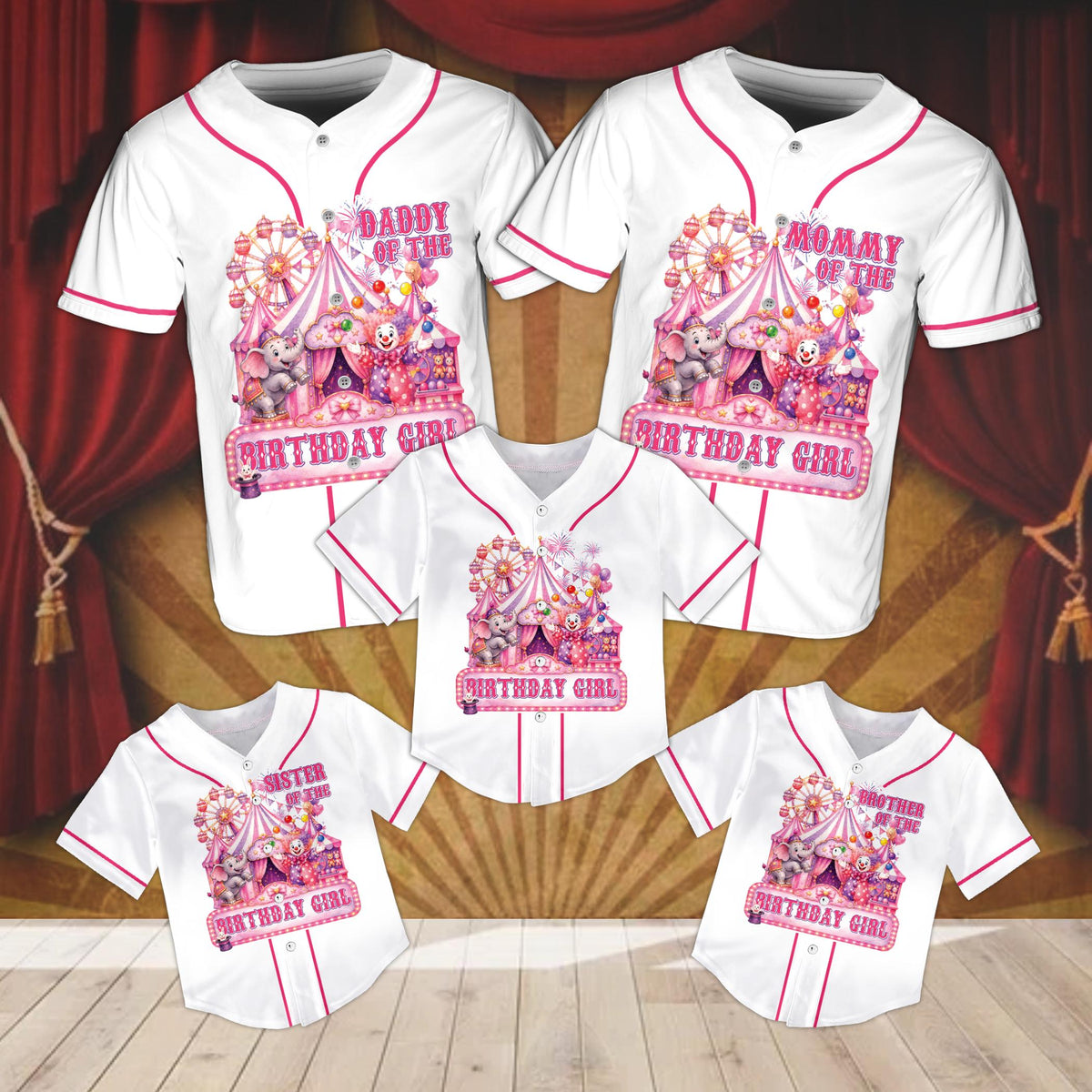 White circus baseball jersey showing detailed tent and elephant design, front view