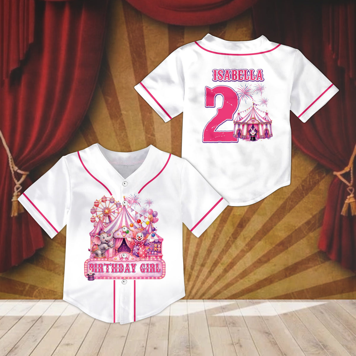 Personalized white circus birthday baseball jersey featuring custom name and number, front view