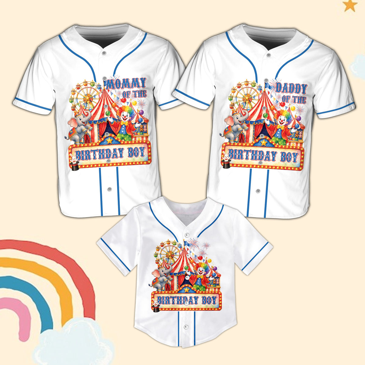 White custom baseball jersey showcasing circus birthday graphic
