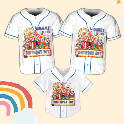 White custom baseball jersey showcasing circus birthday graphic