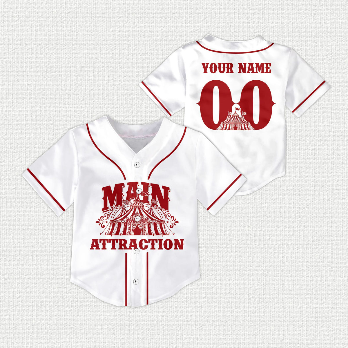 Front view of the white and red circus baseball jersey showing the circus staff design