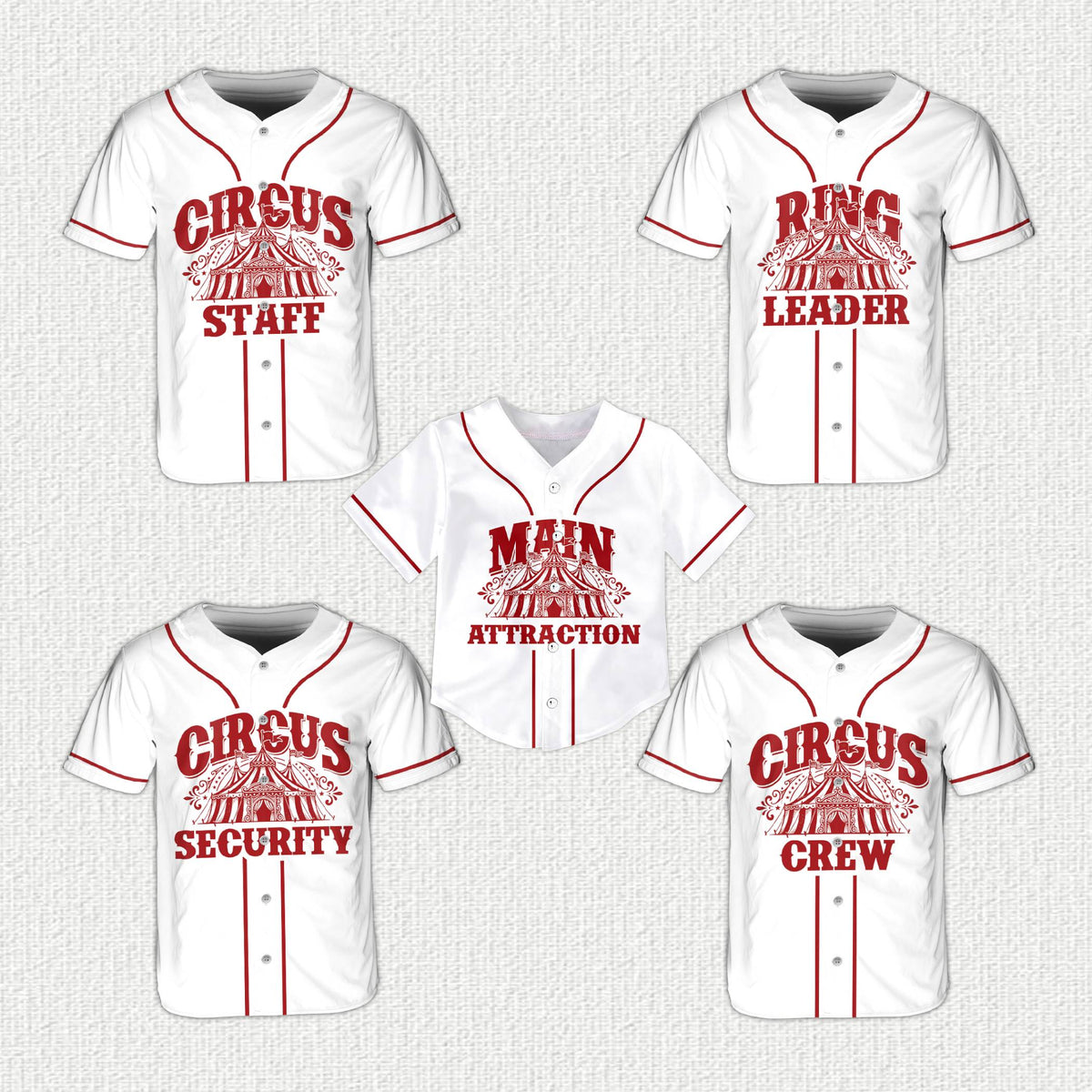 Another front view of the custom baseball jersey featuring the circus theme graphics