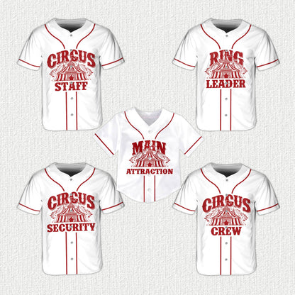 Another front view of the custom baseball jersey featuring the circus theme graphics