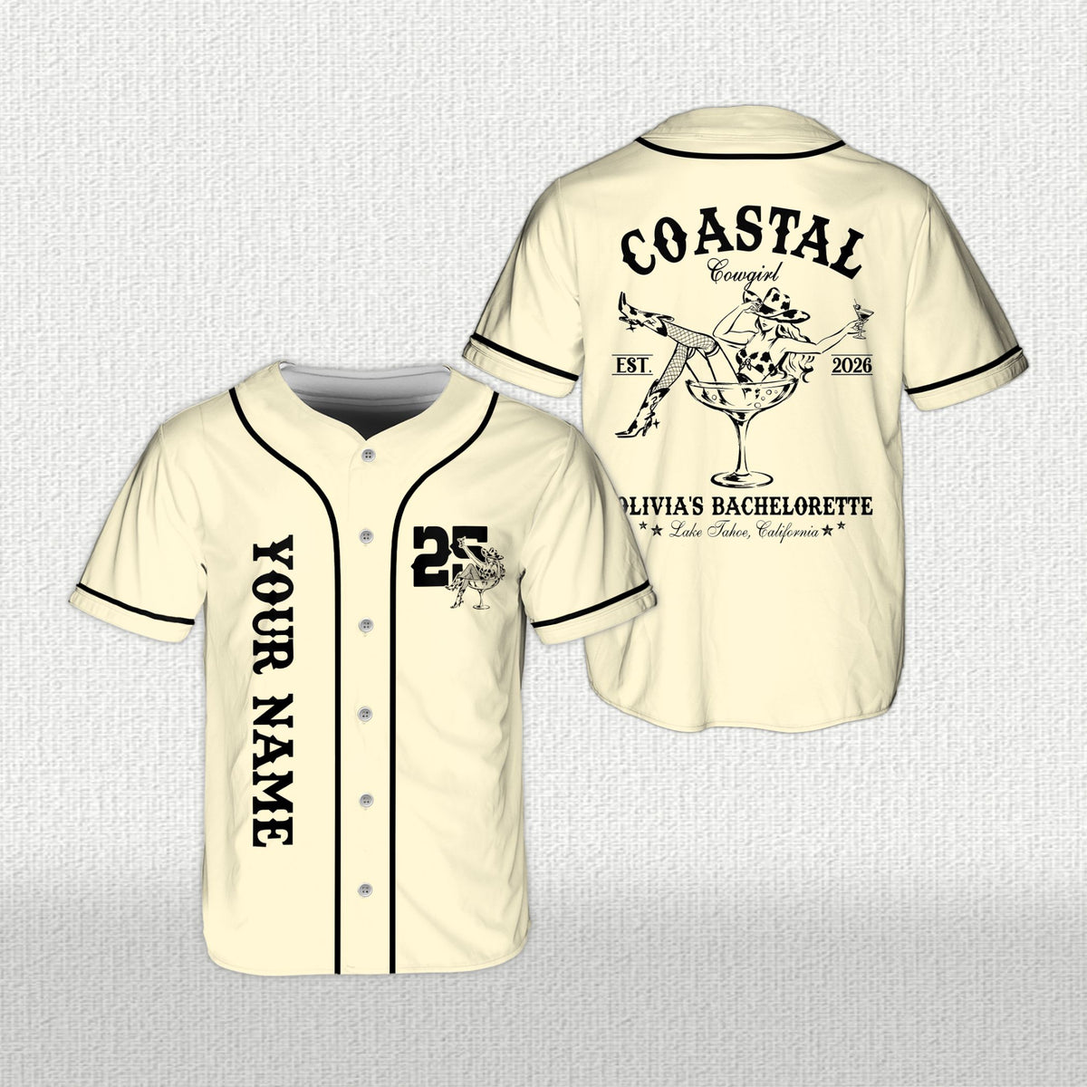 Personalized beige coastal cowgirl bachelorette baseball jersey, front view