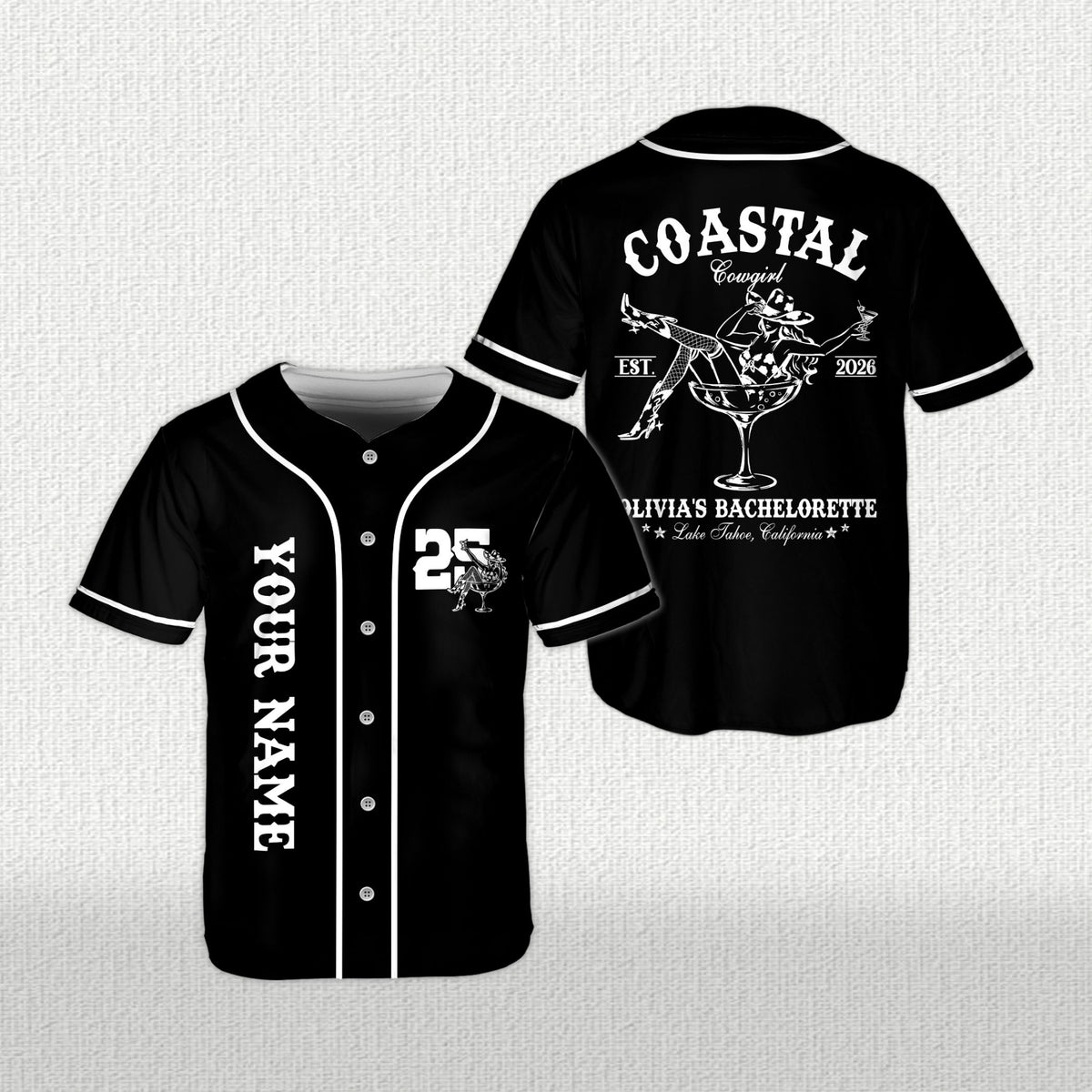 Personalized black coastal cowgirl bachelorette baseball jersey, front view